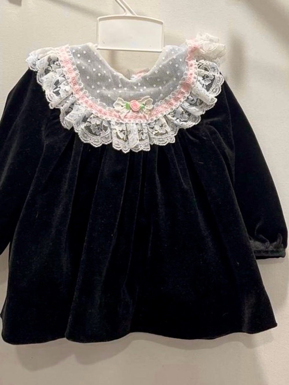 Baby Girl Lace-Trim Velvet Dress with Pink Accent